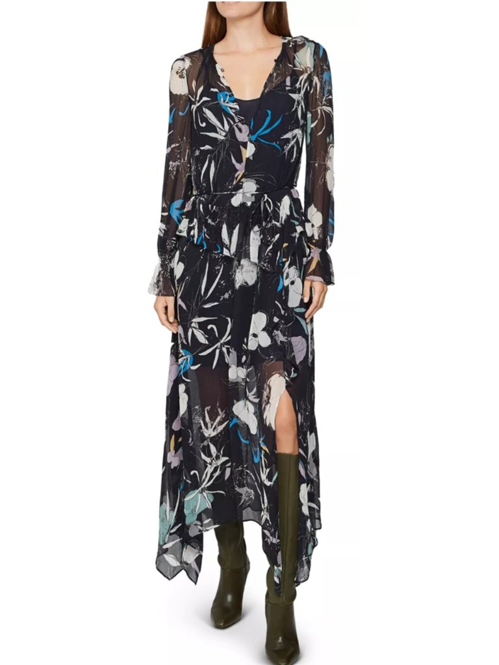 REISS Carina Spring Floral Maxi Dress Navy Multi Sheer Ruffle Whimsigoth Size 10
